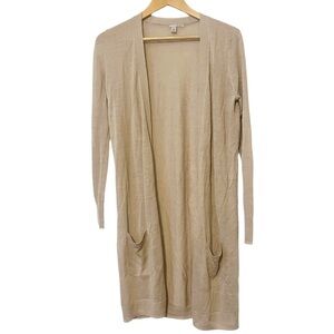 Halogen Tan Linen Blend Open Front‎ Long Cardigan Duster Sweater Size XS